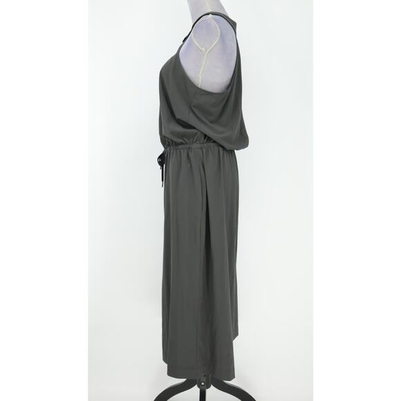 Athleta Jumpsuit Womens 10 Gray Crop Ankle Elastic Tie Waist Snaps Open Back - Picture 14 of 16